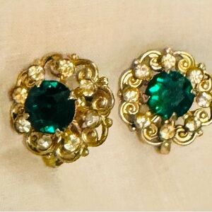 Vintage Rhinestone and Emerald Earrings, 3/4”, Screwback